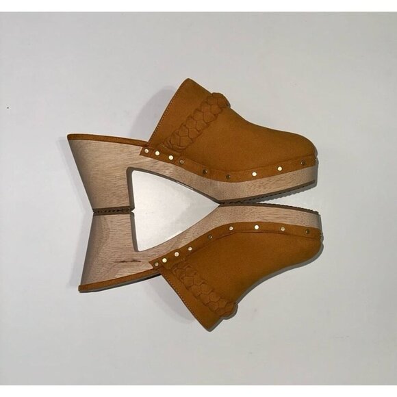 J Crew Suede Wooden Heel Tan Brown Studded Clogs Size 10.5 - Picture 6 of 10